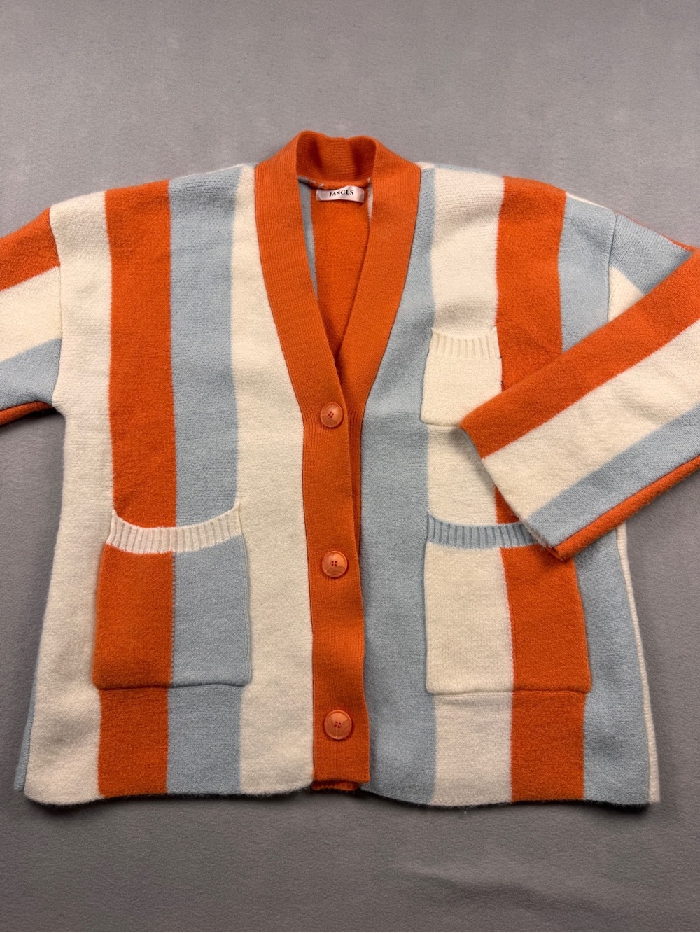 JASCLS Women’s Large Orange Blue White Striped Knit Cardigan Sweater Soft Cozy